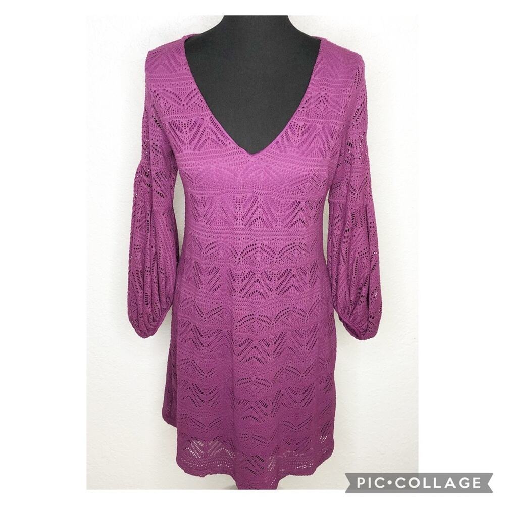 Anthropologie Maeve purple crochet knit overlay balloon sleeve dress Extra Small